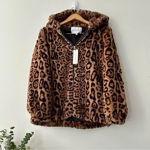NWT Rebecca Minkoff Aria Faux Fur Leopard Hooded Zip Front Jacket